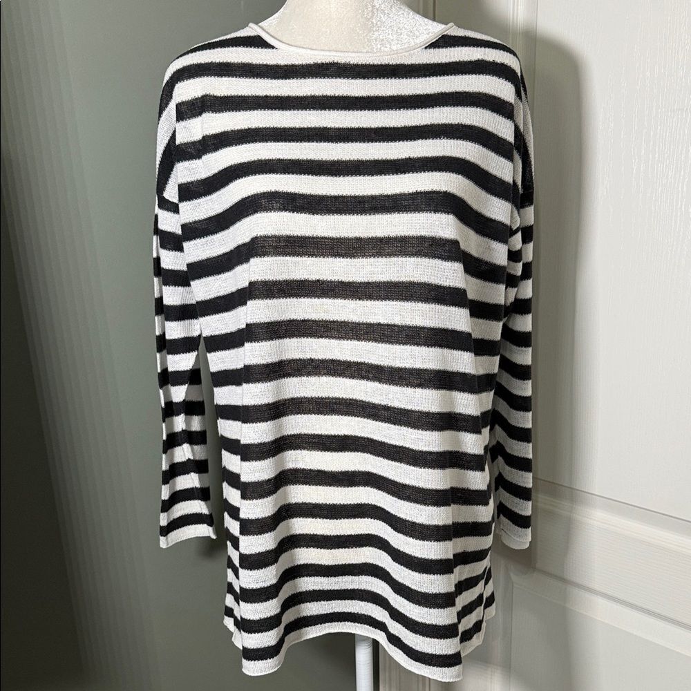Eileen Fisher Black White Striped Sweater Size Large Boat Neck Lightweight Knit